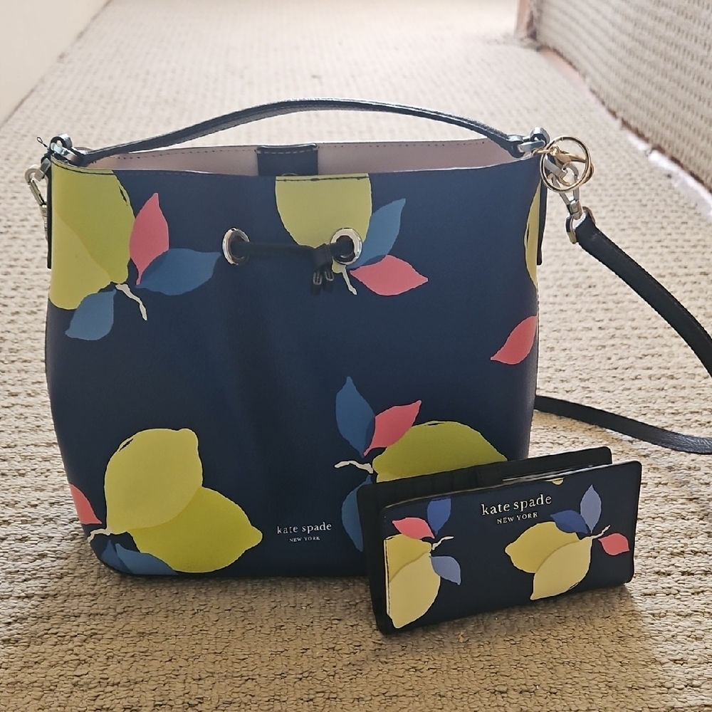 Kate Spade Navy and Lemon Print Shoulder Bag and Matching Wallet